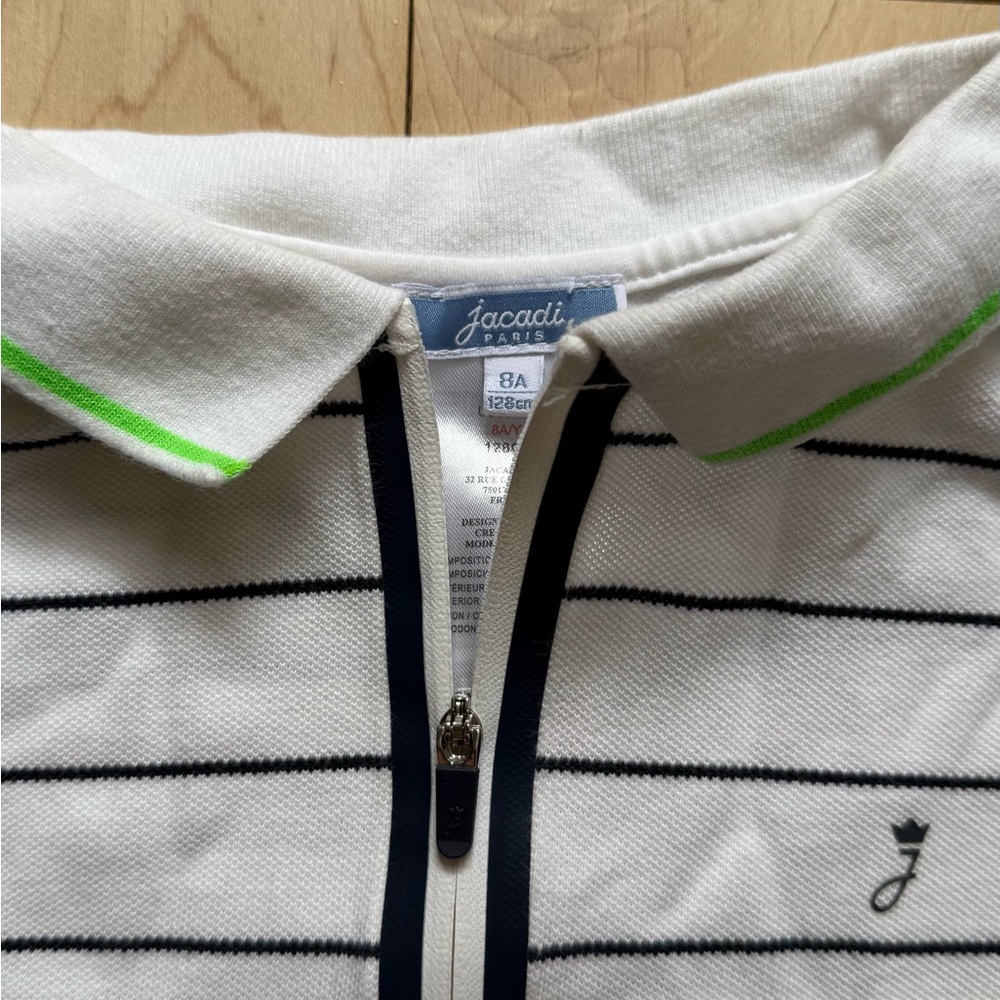Jacadi White Polo with Navy Stripes and Green Trim